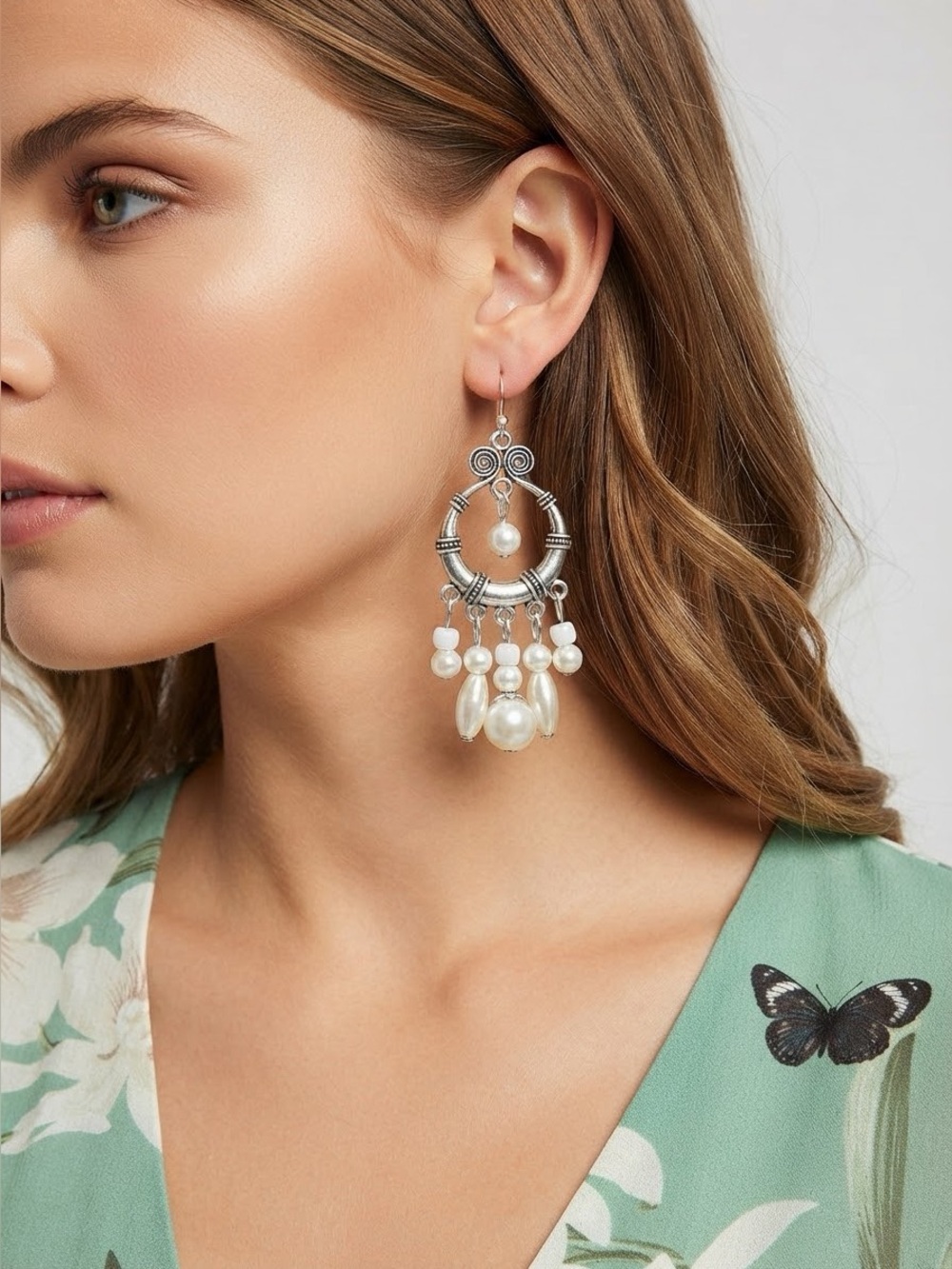 Boho Silver Tone Chandelier Earrings | Faux Pearl Filigree Statement Earrings